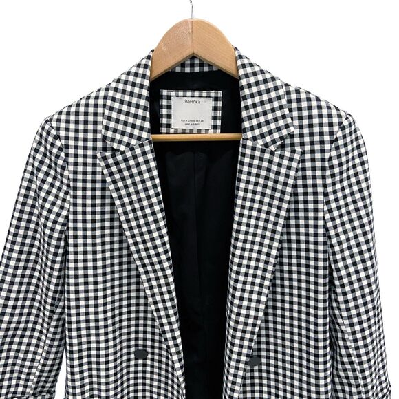 Bershka Black & White Gingham Open Front Blazer Jacket, 3/4 Sleeve Size Medium - Picture 3 of 12